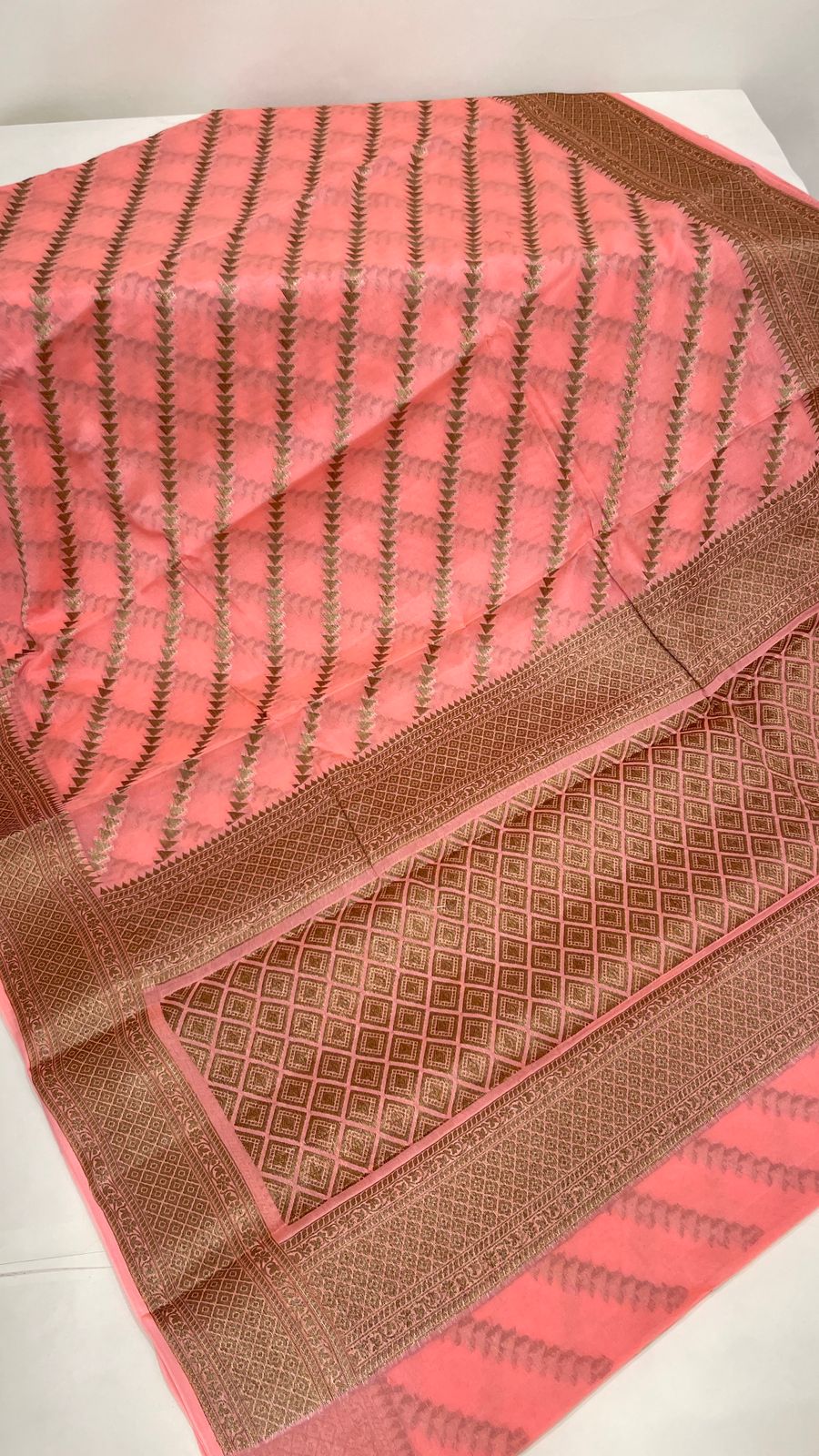 Faishana Pure Handwoven Peach Chiffon Diagonal Stripe Copper Zari with Banarasi Zari Border Pallu and Peach Blouse