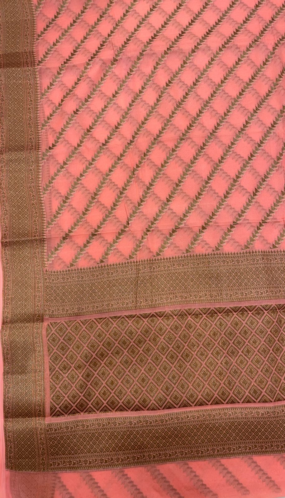 Faishana Pure Handwoven Peach Chiffon Diagonal Stripe Copper Zari with Banarasi Zari Border Pallu and Peach Blouse