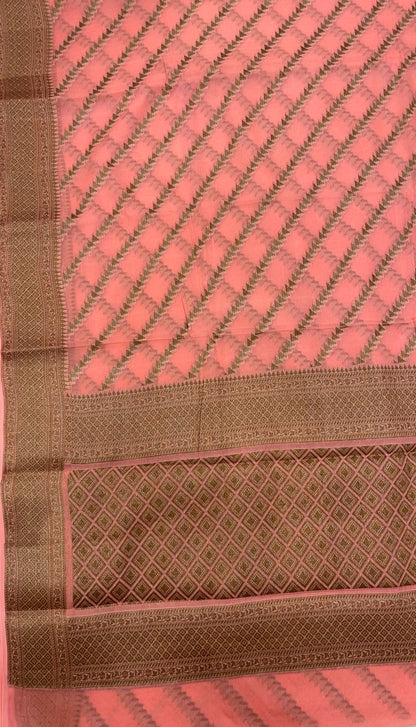 Faishana Pure Handwoven Peach Chiffon Diagonal Stripe Copper Zari with Banarasi Zari Border Pallu and Peach Blouse
