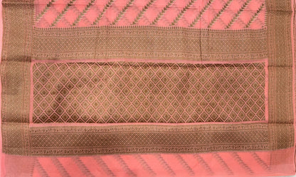 Faishana Pure Handwoven Peach Chiffon Diagonal Stripe Copper Zari with Banarasi Zari Border Pallu and Peach Blouse