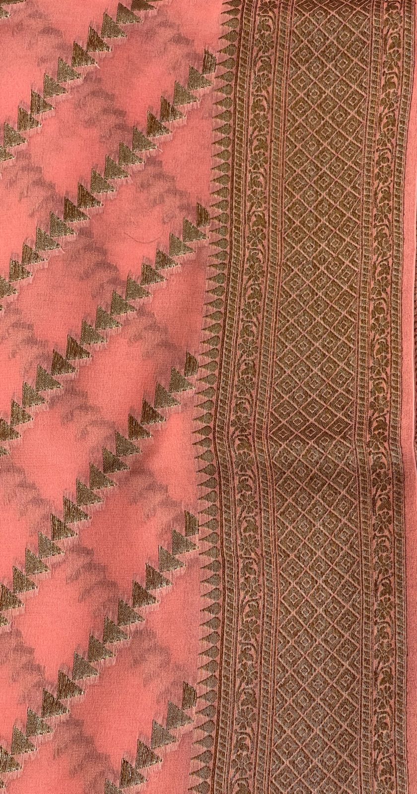 Faishana Pure Handwoven Peach Chiffon Diagonal Stripe Copper Zari with Banarasi Zari Border Pallu and Peach Blouse