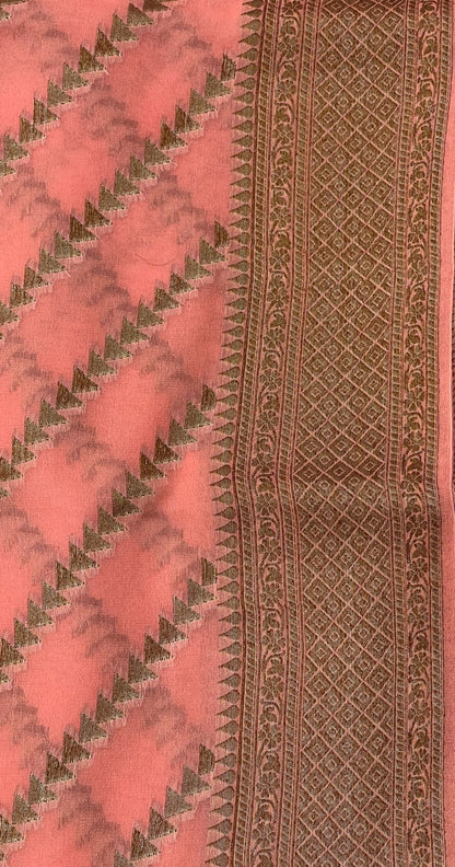 Faishana Pure Handwoven Peach Chiffon Diagonal Stripe Copper Zari with Banarasi Zari Border Pallu and Peach Blouse