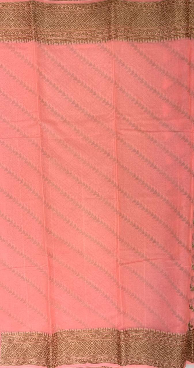 Faishana Pure Handwoven Peach Chiffon Diagonal Stripe Copper Zari with Banarasi Zari Border Pallu and Peach Blouse