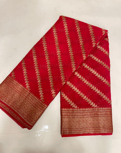 Faishana Pure Handwoven Red Chiffon Diagonal Stripe Copper Zari with Banarasi Zari Border Pallu and Red Blouse