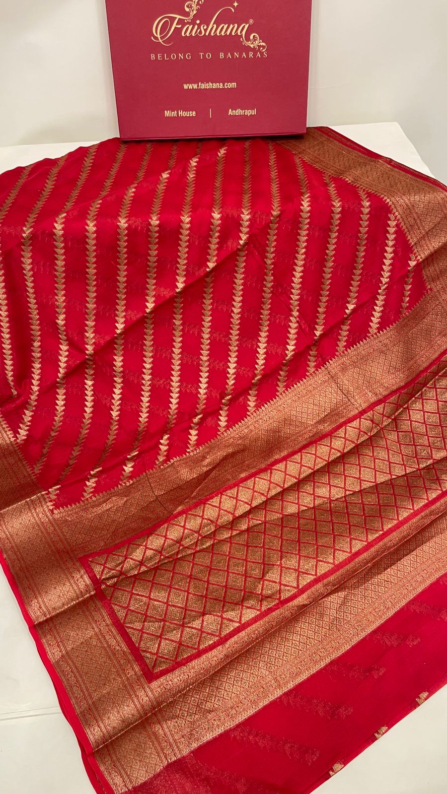 Faishana Pure Handwoven Red Chiffon Diagonal Stripe Copper Zari with Banarasi Zari Border Pallu and Red Blouse