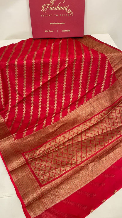 Faishana Pure Handwoven Red Chiffon Diagonal Stripe Copper Zari with Banarasi Zari Border Pallu and Red Blouse