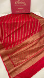 Faishana Pure Handwoven Red Chiffon Diagonal Stripe Copper Zari with Banarasi Zari Border Pallu and Red Blouse