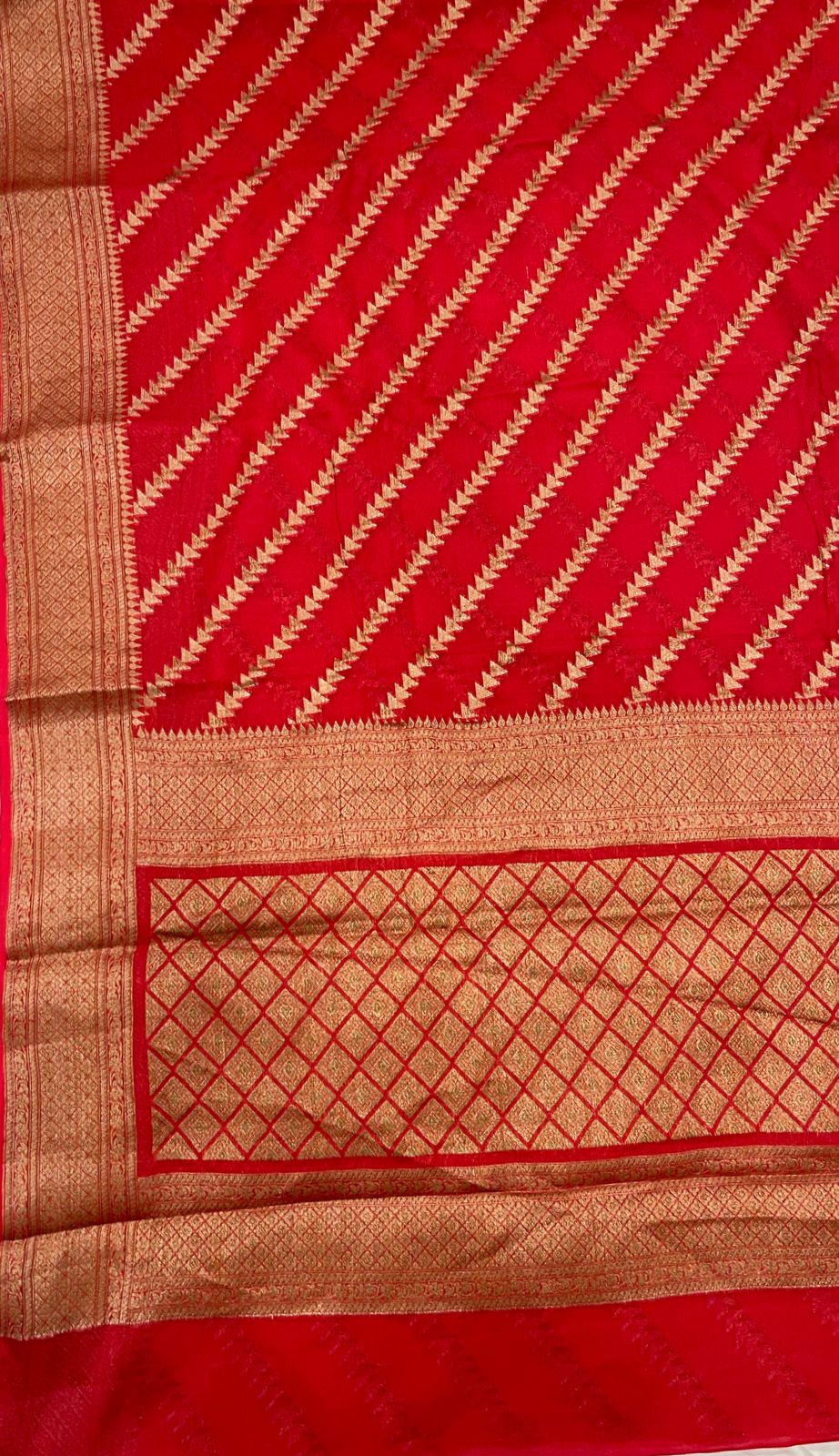 Faishana Pure Handwoven Red Chiffon Diagonal Stripe Copper Zari with Banarasi Zari Border Pallu and Red Blouse