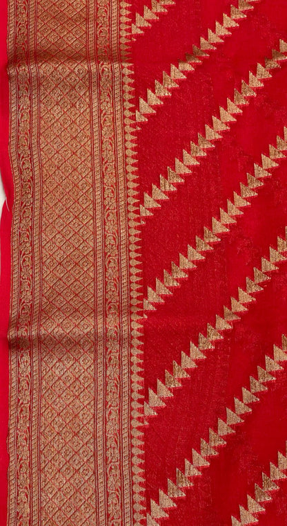 Faishana Pure Handwoven Red Chiffon Diagonal Stripe Copper Zari with Banarasi Zari Border Pallu and Red Blouse