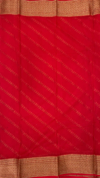 Faishana Pure Handwoven Red Chiffon Diagonal Stripe Copper Zari with Banarasi Zari Border Pallu and Red Blouse