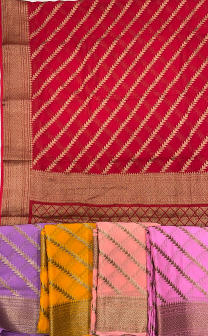 Faishana Pure Handwoven Red Chiffon Diagonal Stripe Copper Zari with Banarasi Zari Border Pallu and Red Blouse