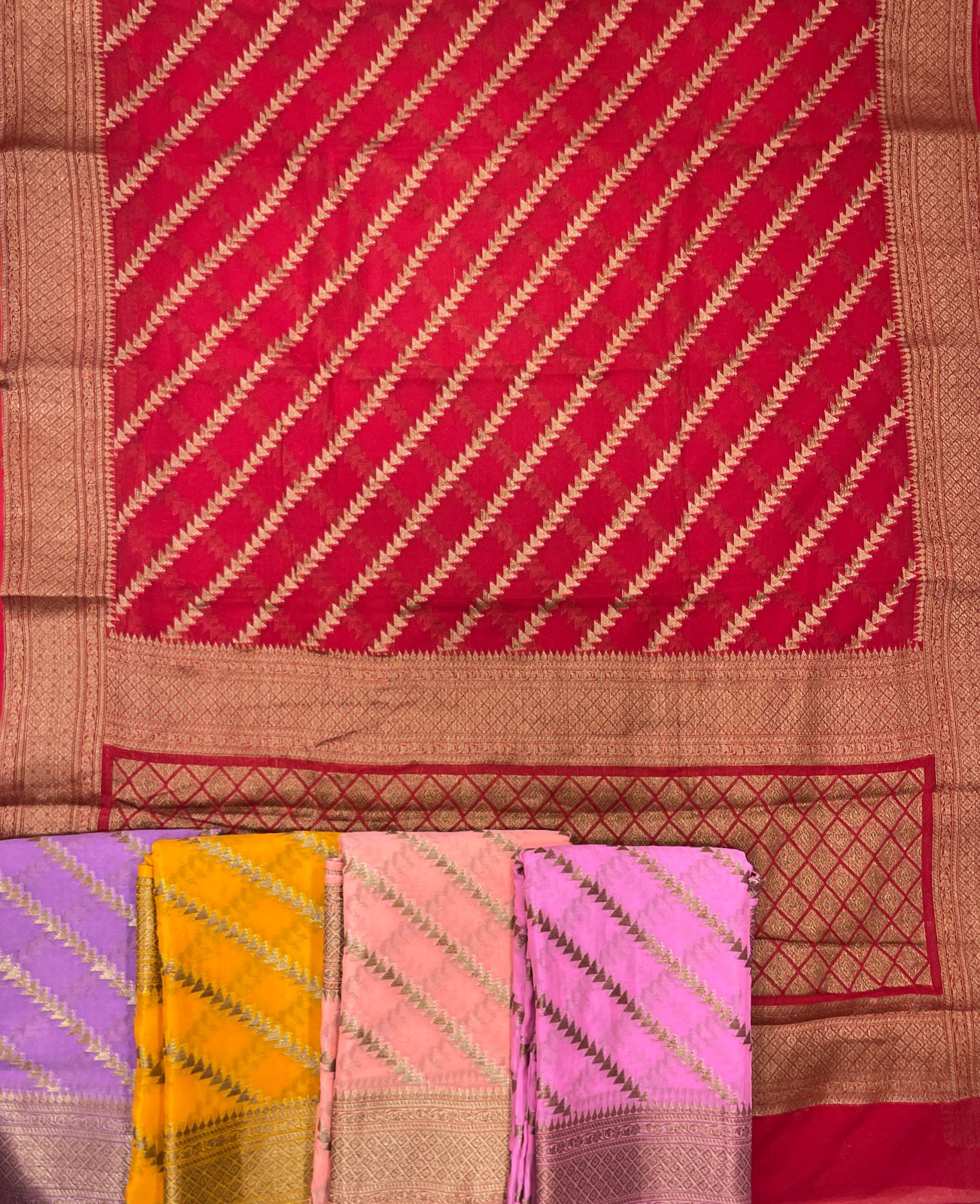 Faishana Pure Handwoven Red Chiffon Diagonal Stripe Copper Zari with Banarasi Zari Border Pallu and Red Blouse