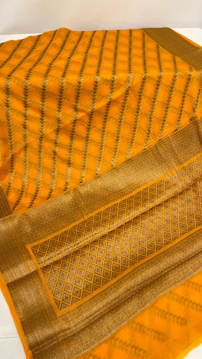 Faishana Pure Handwoven Gold Chiffon Diagonal Stripe Copper Zari with Banarasi Zari Border Pallu and Gold Blouse