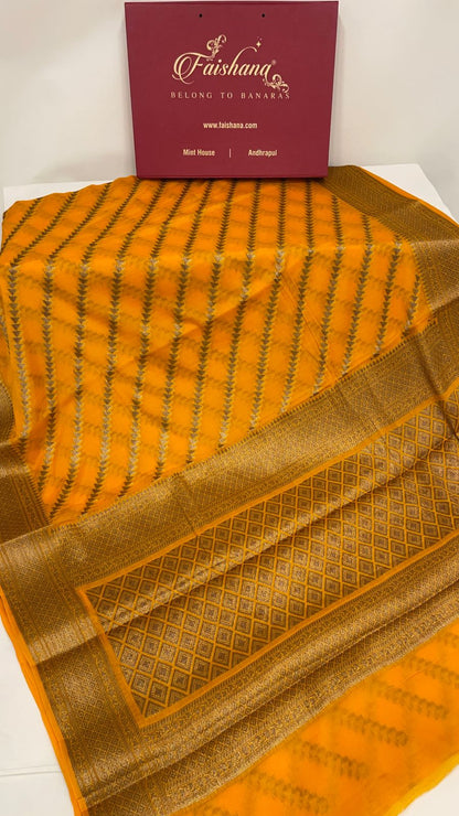 Faishana Pure Handwoven Gold Chiffon Diagonal Stripe Copper Zari with Banarasi Zari Border Pallu and Gold Blouse