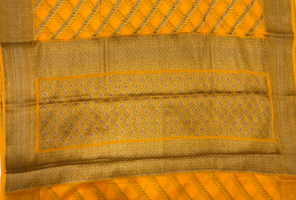 Faishana Pure Handwoven Gold Chiffon Diagonal Stripe Copper Zari with Banarasi Zari Border Pallu and Gold Blouse