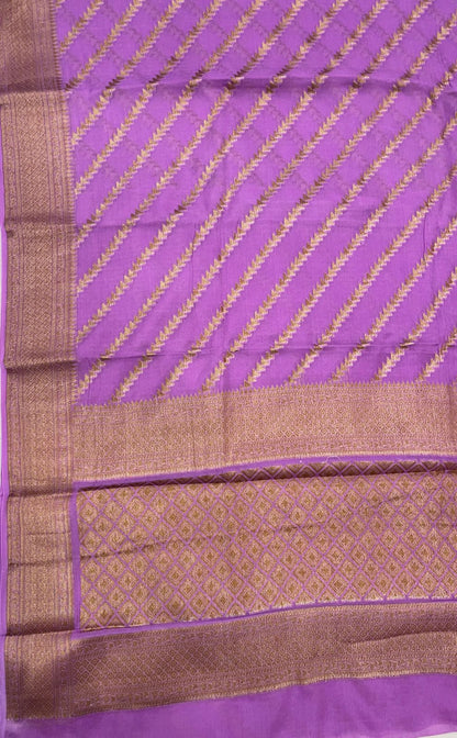 Faishana Pure Handwoven Light Purple Chiffon Diagonal Stripe Copper Zari with Banarasi Zari Border Pallu and Light Purple Blouse