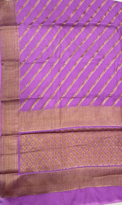 Faishana Pure Handwoven Light Purple Chiffon Diagonal Stripe Copper Zari with Banarasi Zari Border Pallu and Light Purple Blouse
