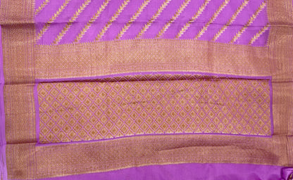 Faishana Pure Handwoven Light Purple Chiffon Diagonal Stripe Copper Zari with Banarasi Zari Border Pallu and Light Purple Blouse