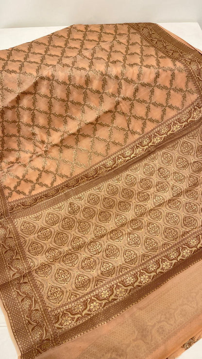 Faishana Pure Handwoven Cream Chiffon Kadiyal Copper Zari Jaal and Resham Mina Zari Boota Pallu with Cream Blouse