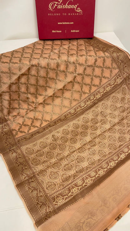 Faishana Pure Handwoven Cream Chiffon Kadiyal Copper Zari Jaal and Resham Mina Zari Boota Pallu with Cream Blouse