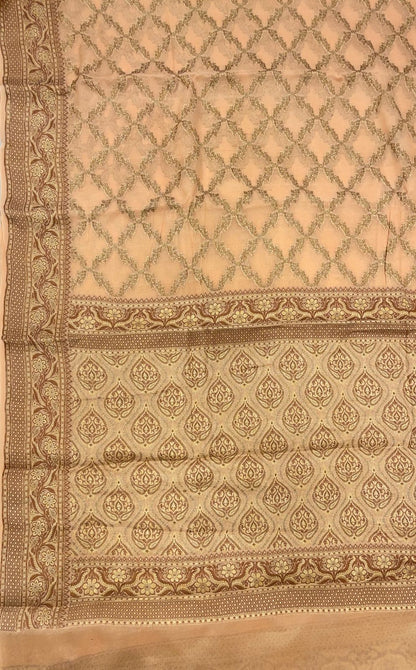 Faishana Pure Handwoven Cream Chiffon Kadiyal Copper Zari Jaal and Resham Mina Zari Boota Pallu with Cream Blouse