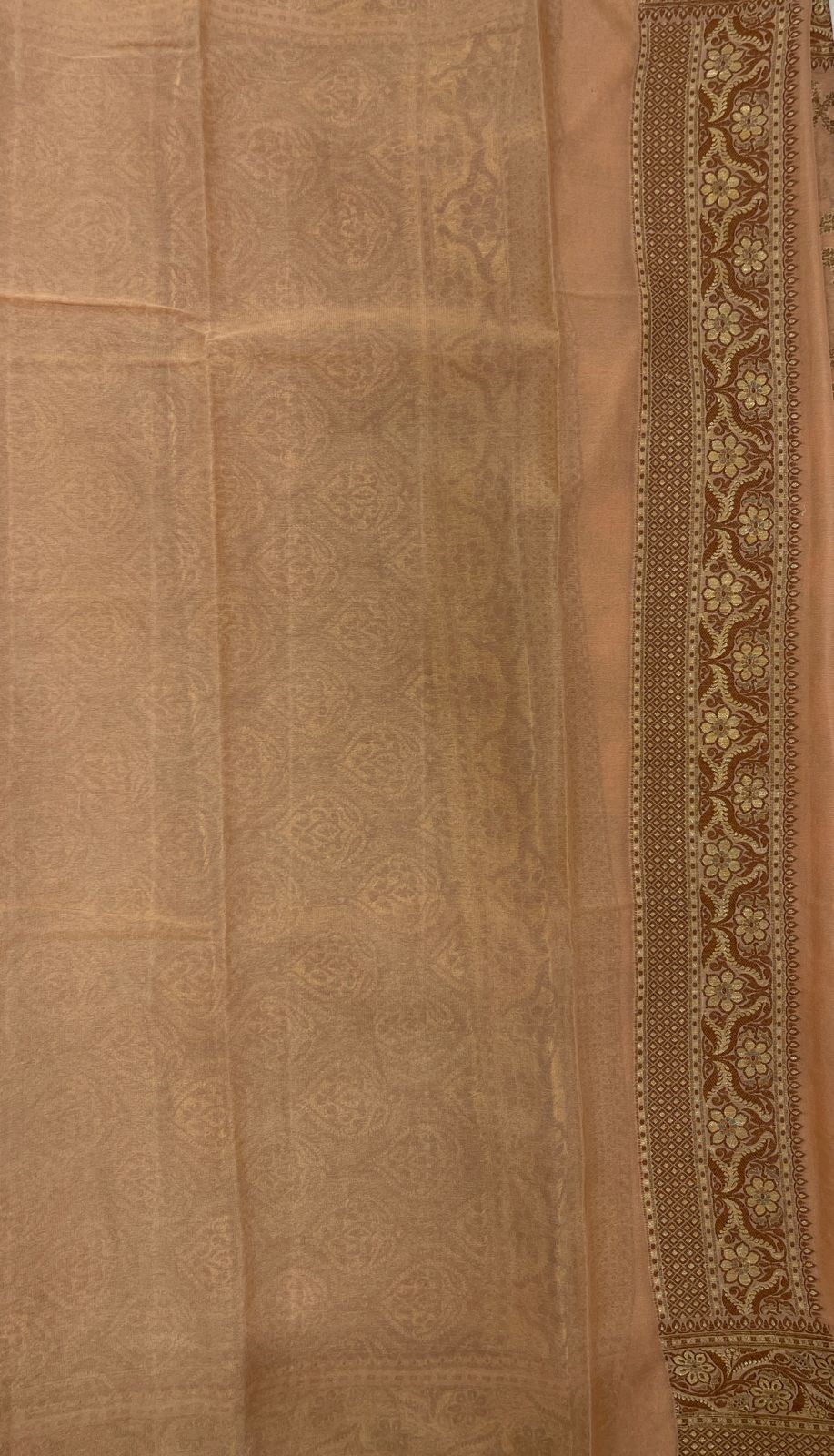 Faishana Pure Handwoven Cream Chiffon Kadiyal Copper Zari Jaal and Resham Mina Zari Boota Pallu with Cream Blouse