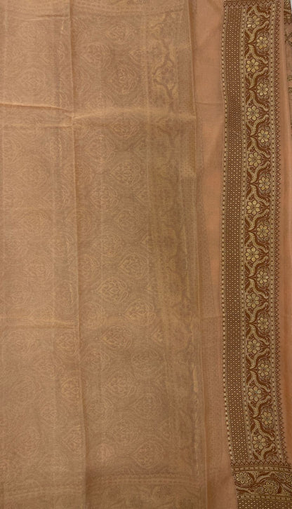 Faishana Pure Handwoven Cream Chiffon Kadiyal Copper Zari Jaal and Resham Mina Zari Boota Pallu with Cream Blouse