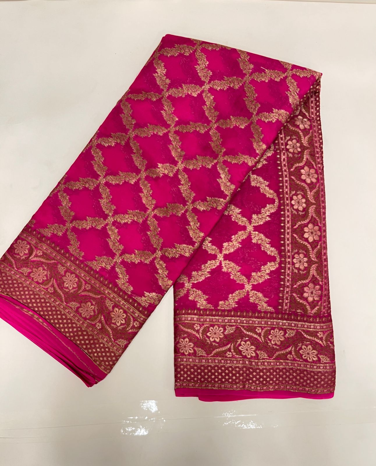 Faishana Pure Handwoven Pink Chiffon Kadiyal Copper Zari Jaal and Resham Mina Zari Boota Pallu with Pink Blouse
