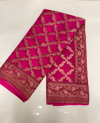 Faishana Pure Handwoven Pink Chiffon Kadiyal Copper Zari Jaal and Resham Mina Zari Boota Pallu with Pink Blouse