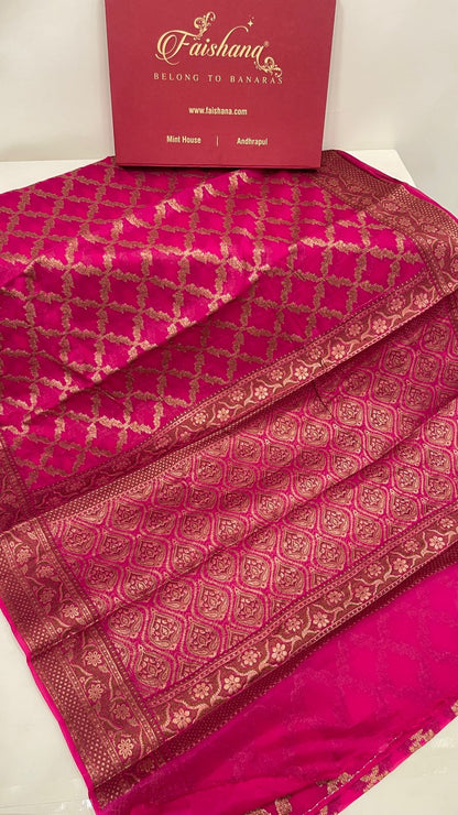 Faishana Pure Handwoven Pink Chiffon Kadiyal Copper Zari Jaal and Resham Mina Zari Boota Pallu with Pink Blouse