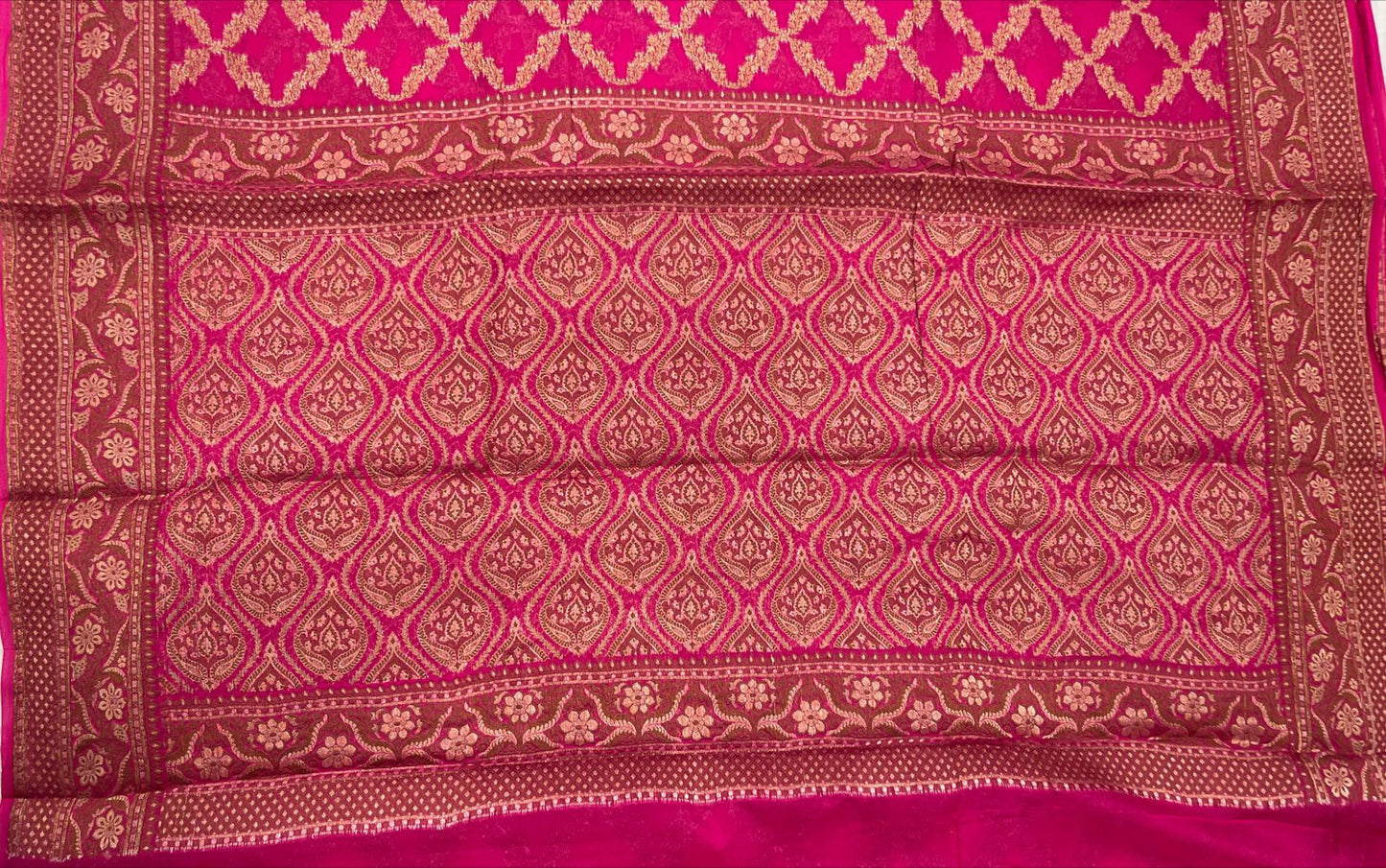Faishana Pure Handwoven Pink Chiffon Kadiyal Copper Zari Jaal and Resham Mina Zari Boota Pallu with Pink Blouse