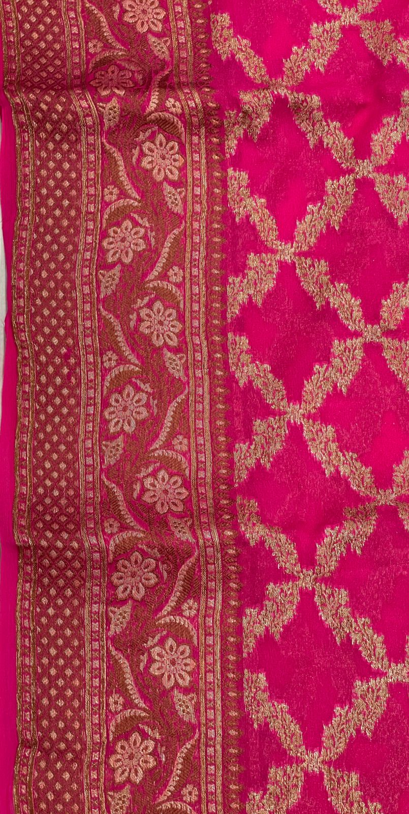Faishana Pure Handwoven Pink Chiffon Kadiyal Copper Zari Jaal and Resham Mina Zari Boota Pallu with Pink Blouse