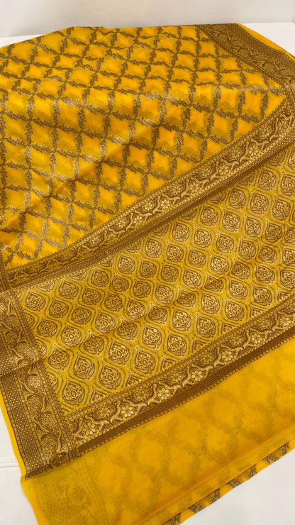 Faishana Pure Handwoven Gold Chiffon Kadiyal Copper Zari Jaal and Resham Mina Zari Boota Pallu with Gold Blouse