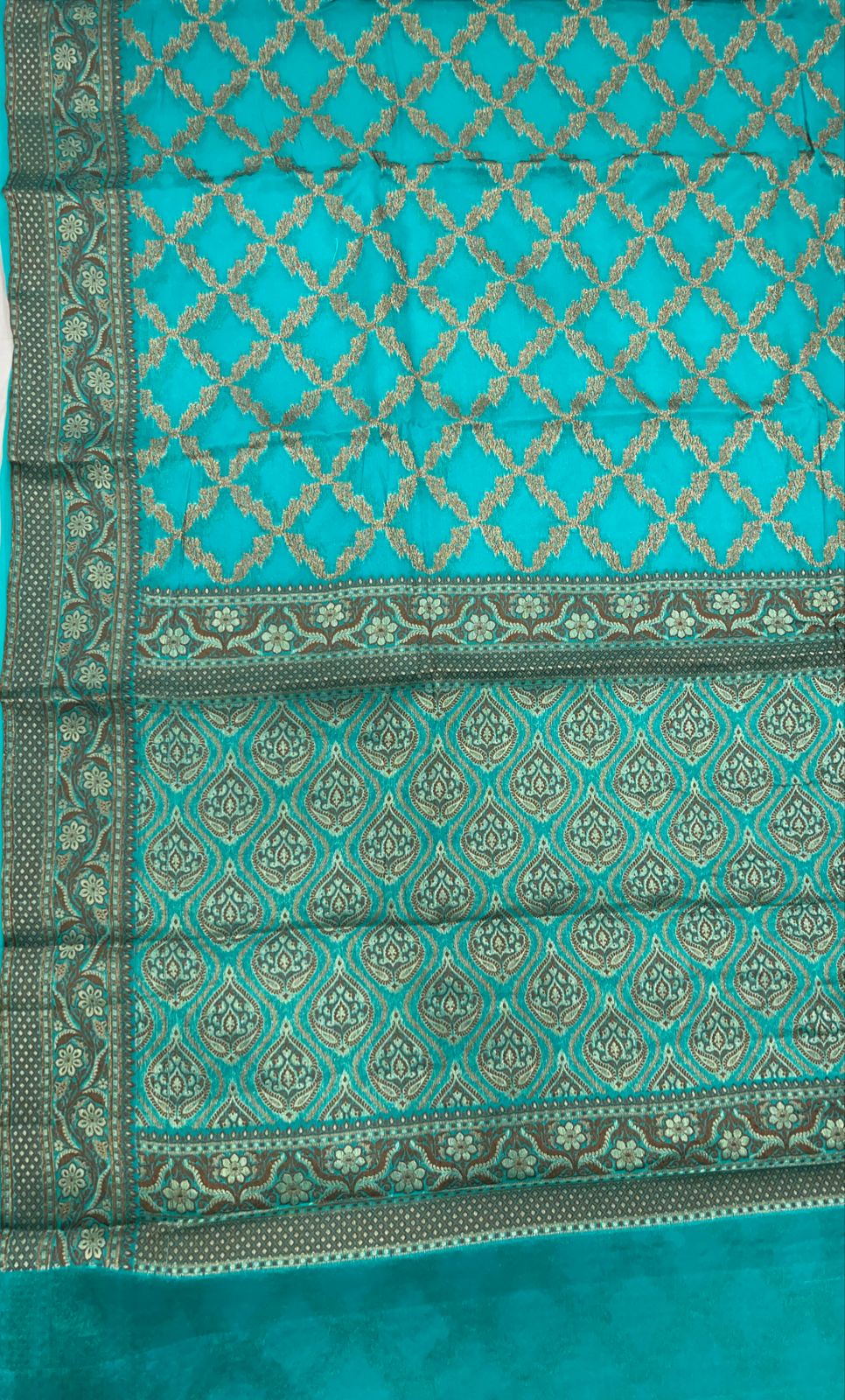 Faishana Pure Handwoven Sea Green Chiffon Kadiyal Copper Zari Jaal and Resham Mina Zari Boota Pallu with Sea Green Blouse