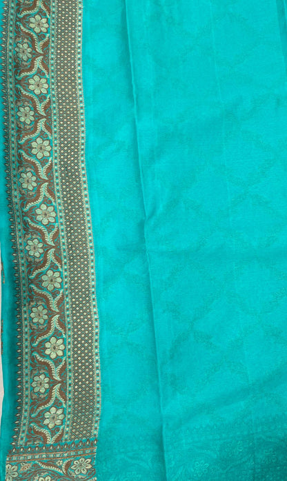 Faishana Pure Handwoven Sea Green Chiffon Kadiyal Copper Zari Jaal and Resham Mina Zari Boota Pallu with Sea Green Blouse