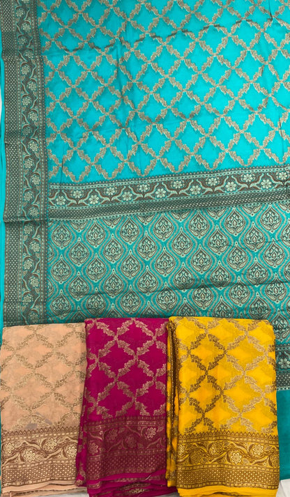 Faishana Pure Handwoven Sea Green Chiffon Kadiyal Copper Zari Jaal and Resham Mina Zari Boota Pallu with Sea Green Blouse