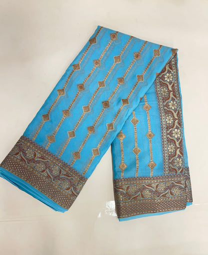 Faishana Pure Handloom Sky Blue Chiffon Copper Stripe Booti Jaal with Resham Mina Zari Border and Sky Blue Blouse