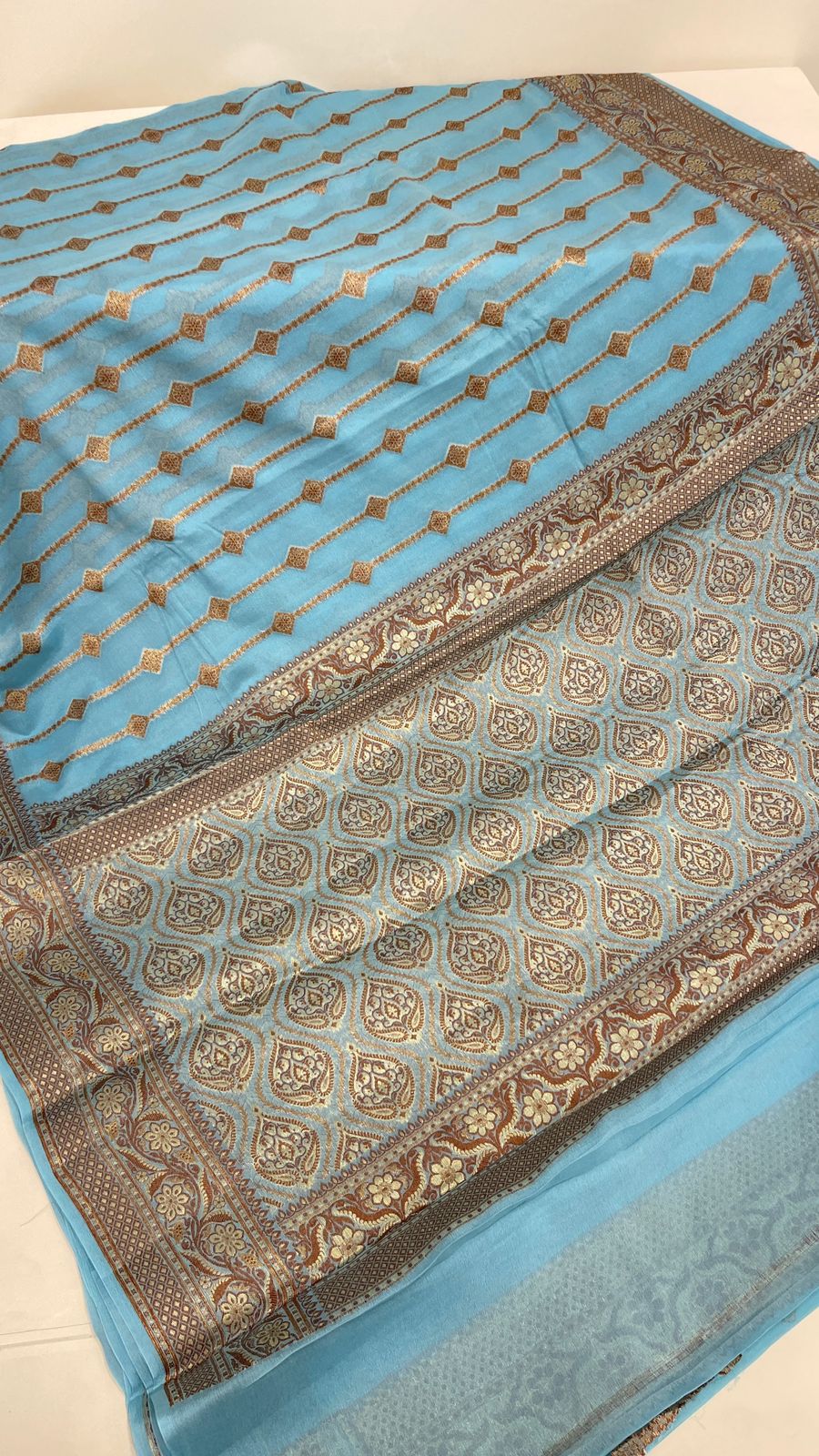 Faishana Pure Handloom Sky Blue Chiffon Copper Stripe Booti Jaal with Resham Mina Zari Border and Sky Blue Blouse