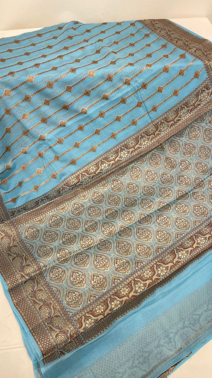 Faishana Pure Handloom Sky Blue Chiffon Copper Stripe Booti Jaal with Resham Mina Zari Border and Sky Blue Blouse