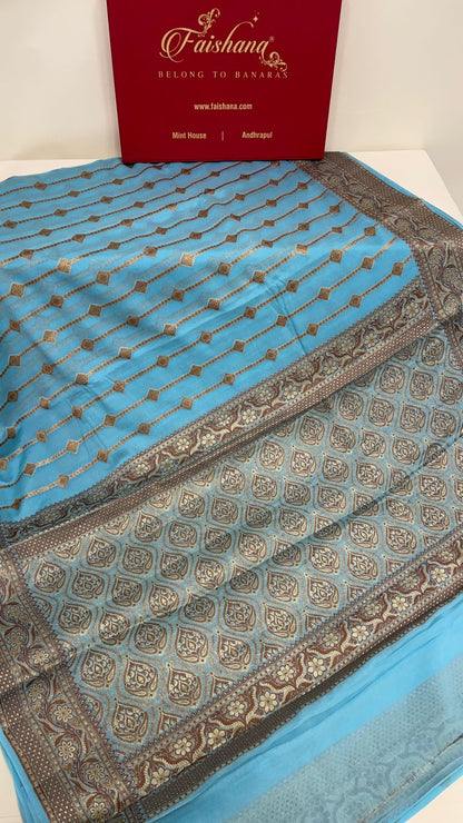 Faishana Pure Handloom Sky Blue Chiffon Copper Stripe Booti Jaal with Resham Mina Zari Border and Sky Blue Blouse