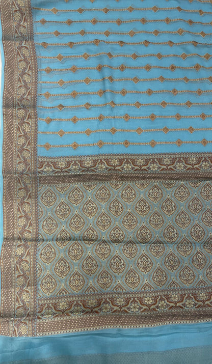 Faishana Pure Handloom Sky Blue Chiffon Copper Stripe Booti Jaal with Resham Mina Zari Border and Sky Blue Blouse