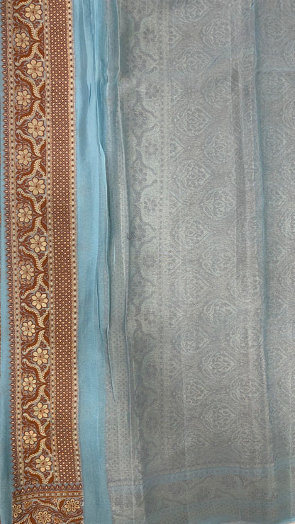 Faishana Pure Handloom Sky Blue Chiffon Copper Stripe Booti Jaal with Resham Mina Zari Border and Sky Blue Blouse