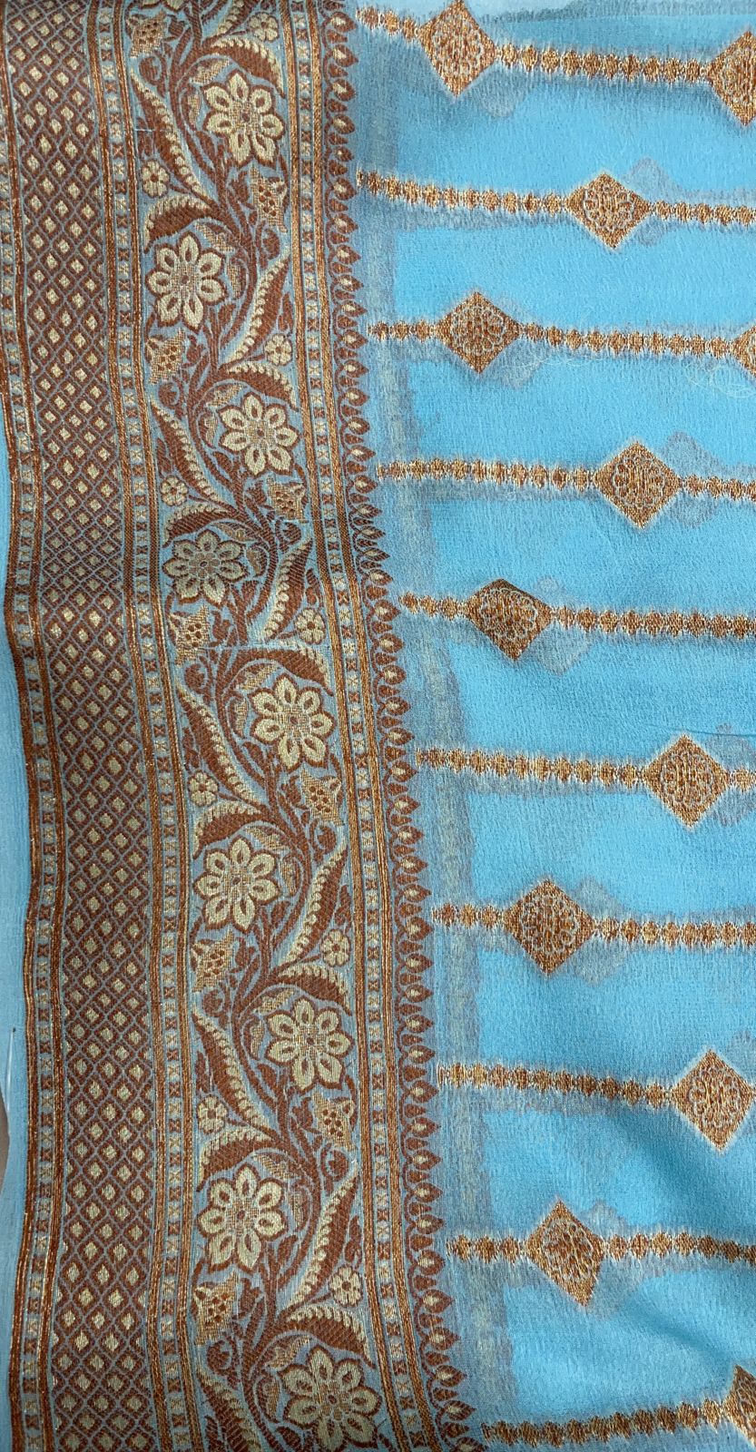Faishana Pure Handloom Sky Blue Chiffon Copper Stripe Booti Jaal with Resham Mina Zari Border and Sky Blue Blouse