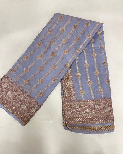 Faishana Pure Handloom Grey Chiffon Copper Stripe Booti Jaal with Resham Mina Zari Border and Grey Blouse