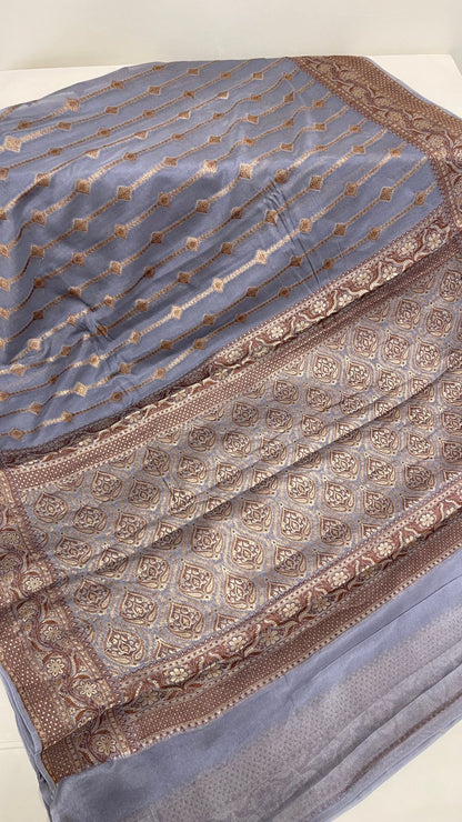 Faishana Pure Handloom Grey Chiffon Copper Stripe Booti Jaal with Resham Mina Zari Border and Grey Blouse