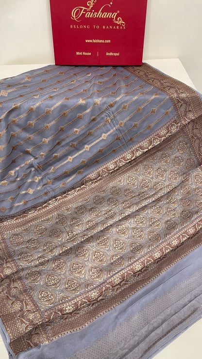 Faishana Pure Handloom Grey Chiffon Copper Stripe Booti Jaal with Resham Mina Zari Border and Grey Blouse