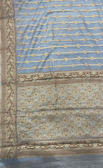 Faishana Pure Handloom Grey Chiffon Copper Stripe Booti Jaal with Resham Mina Zari Border and Grey Blouse