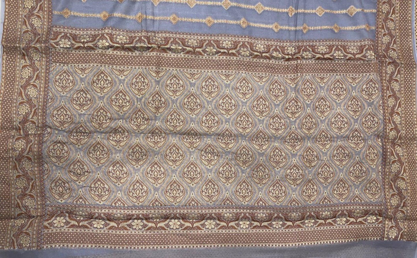 Faishana Pure Handloom Grey Chiffon Copper Stripe Booti Jaal with Resham Mina Zari Border and Grey Blouse