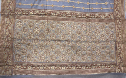 Faishana Pure Handloom Grey Chiffon Copper Stripe Booti Jaal with Resham Mina Zari Border and Grey Blouse