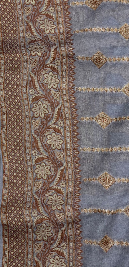 Faishana Pure Handloom Grey Chiffon Copper Stripe Booti Jaal with Resham Mina Zari Border and Grey Blouse